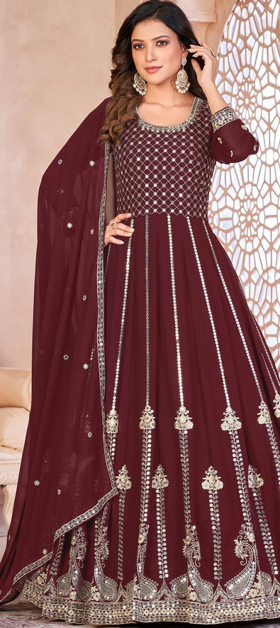 Kurtas & Kurtis : Wine georgette sequence work long