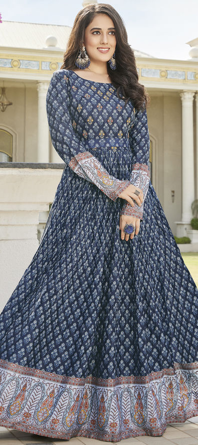 Reception wear with digital print and sequence embroidery work gown Blue –  Ethnicgarment