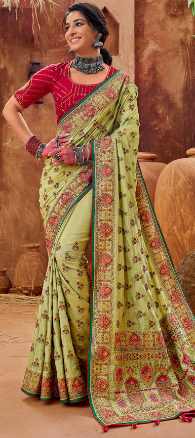 Buy Green Heavy Embroidered Silk Wedding Saree | Wedding Sarees
