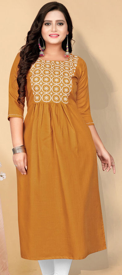 Mustard Yellow Coloured Pure Cotton With Embroidery Work Women Designer  Daily Wear Kurti!!