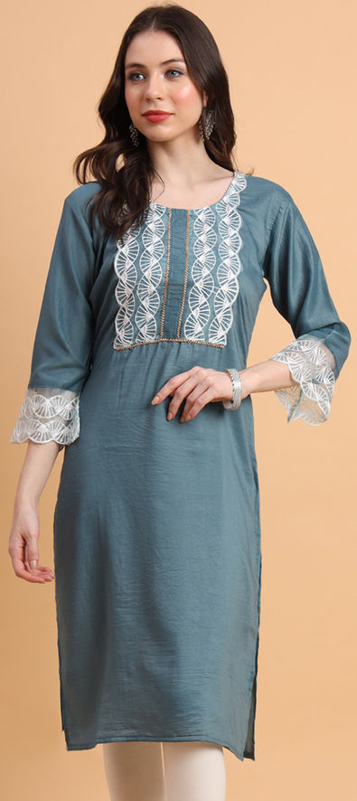 Teal Blue Silky Cotton Long Sleeves Kurti