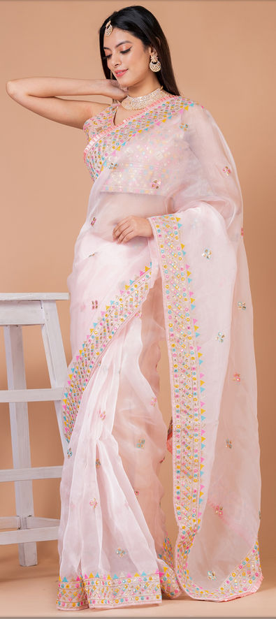 Baby Pink Floral Printed Organza Saree - Dress me Royal