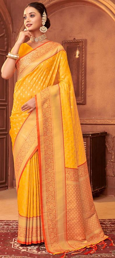 Yellow Banarasi Silk Saree - Urban Womania