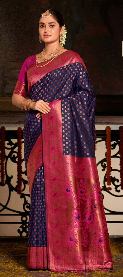 Buy Pink And Navy Blue Banarasi Saree online-Karagiri