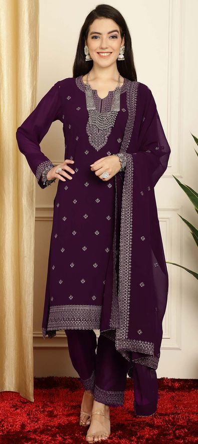Buy Faux Georgette With Embroidery Designer Palazzo Suit Purple Color Suit  at Rs. 1599 online from Surati Fabric designer suits : SF-FGE-DPS-PC