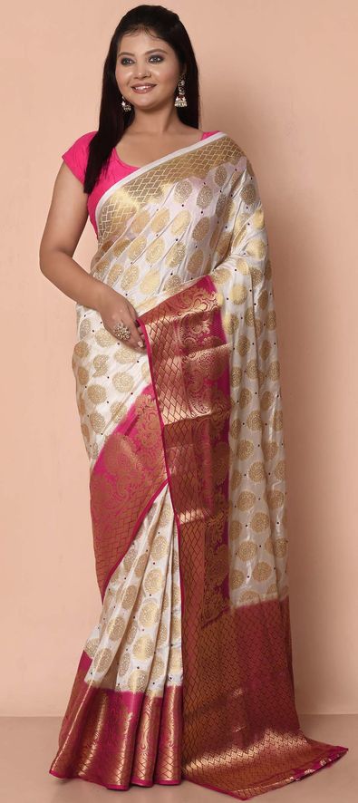 White and Maroon Kanjeevaram Silk Saree