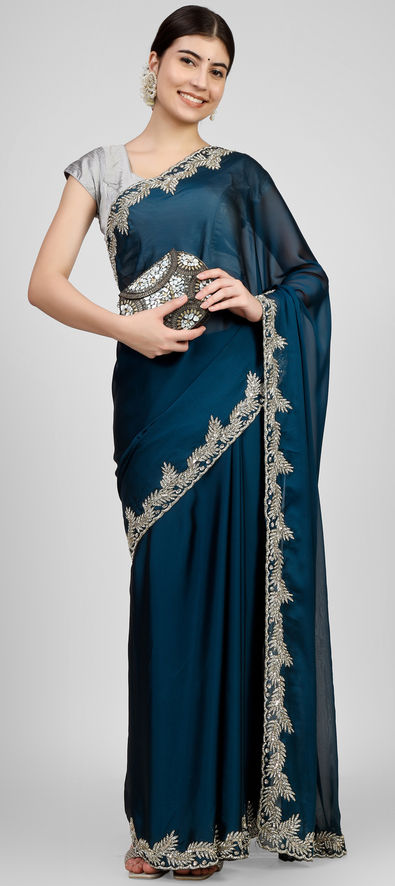 Moti Resham Stone Embroidered Border Sari Navy Blue Net Party Wear Wedding  Saree | eBay