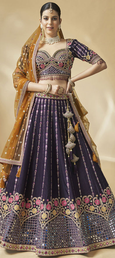 Buy Wine Purple Embroidered Lehenga And Blouse Set In Satin