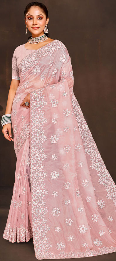 Rose Pink Resham Embroidered Net Saree