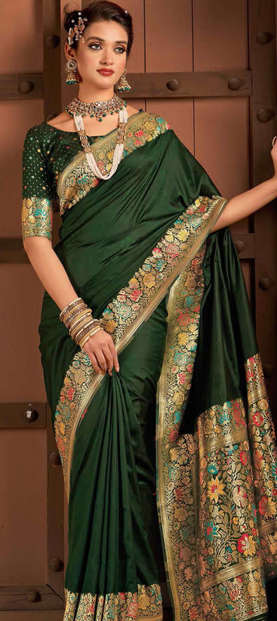Indian Wedding Saree | Dark Green Pure Zari Kanjivaram Silk Saree