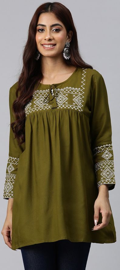 Rayon Summer Tops and Shirts in Green with Thread work