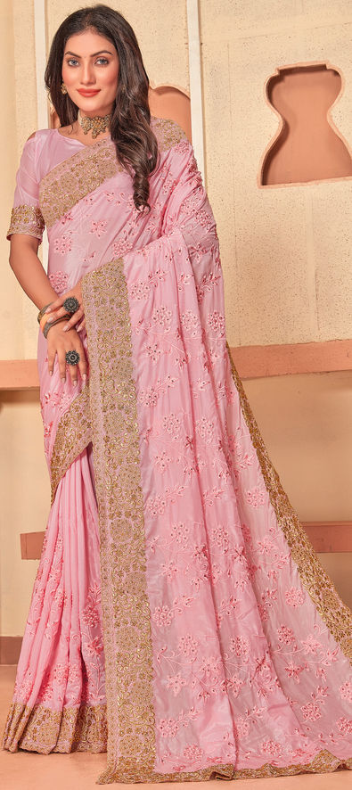 Pure Georgette Chikankari Baby Pink Colour Saree - Vastrams