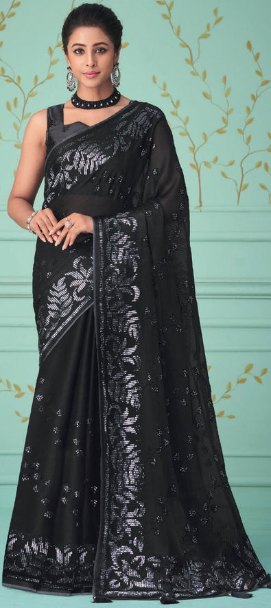 Black color lichi silk saree with silver zari work | Saree designs, Silk  sarees, Saree