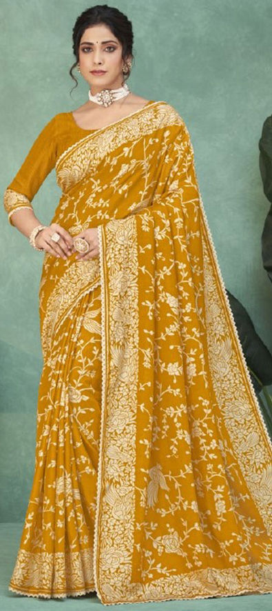 Buy Classy Yellow Color Soft Lichi Silk Party Wear Saree | keerramnx