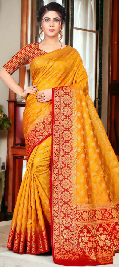 Yellow Color Latest Soft Banarasi Silk Saree with Golden Zari Work -  Navshtri Family