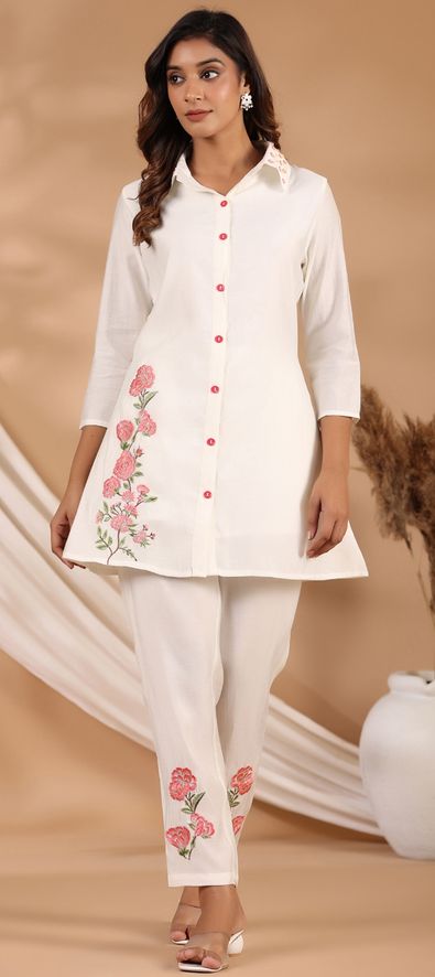 Silk cotton Summer Co-ords Set in White and Off White with Resham work