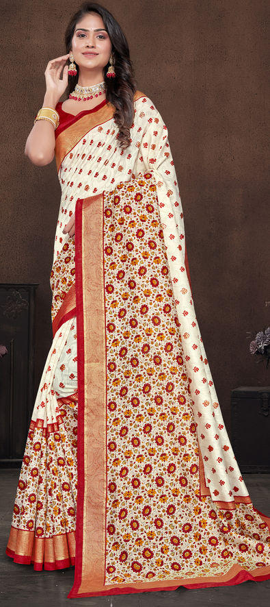 White and Maroon Embroidered Silk Designer Saree