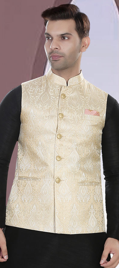 Beige woven art silk nehru-jacket - Om Clothing - 3915263