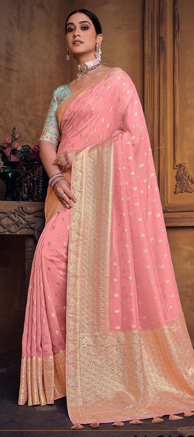 Embellished Pink Banarasi Silk bridal Saree With Blouse(Un-Stitched)