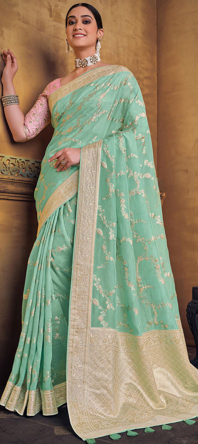 Tusser Silk Sea Green Bridal Saree Online | Bagtesh Fashion