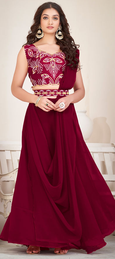 Silk Self Design Pre Wedding Long Tail Gowns, Maroon Red at Rs 4000 in Surat