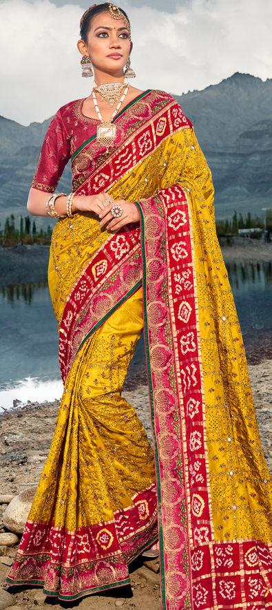 Shop Breathtaking Yellow Dola Silk Embroiderd Saree | Inddus.com.