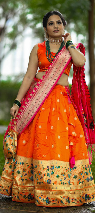 Banarasi Silk Weaving Orange and Red A Line Lehenga Choli