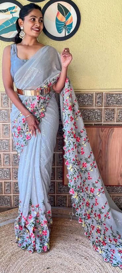Grey Color Georgette Ready To Wear Saree