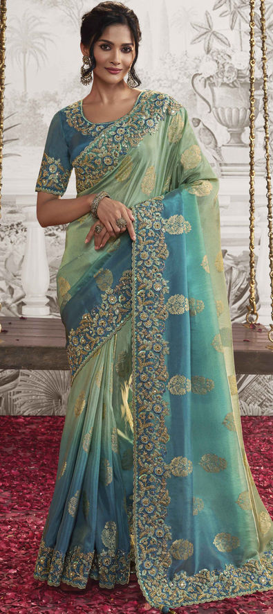 Bridal, Engagement, Wedding Blue, Green color Viscose fabric Saree