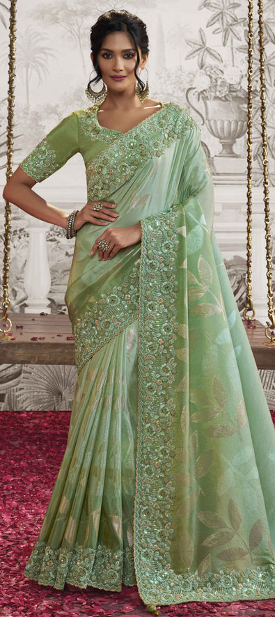 silk saree for women gift aniversary Bohemian Saree Two-tone Mulberry Silk  Green For Engagement Chiffon