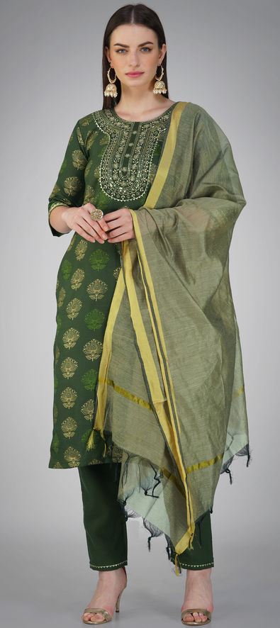Cotton Festive Salwar Kameez in Green with Embroidered work