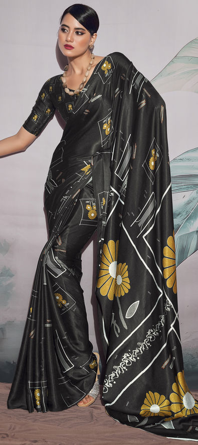 Party Wear, Traditional Black and Grey color Satin Silk, Silk