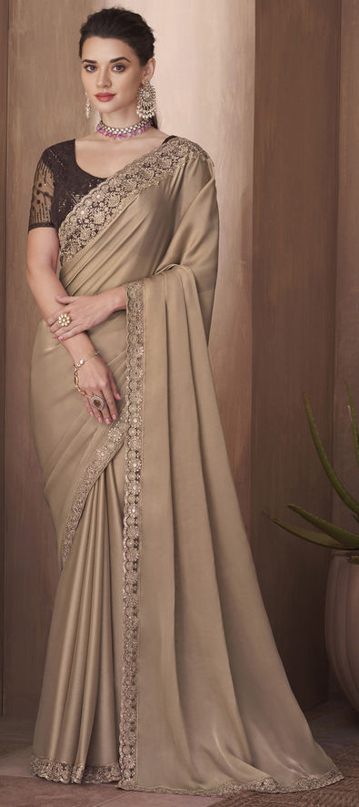 Cream And Brown Color Ruffle Saree