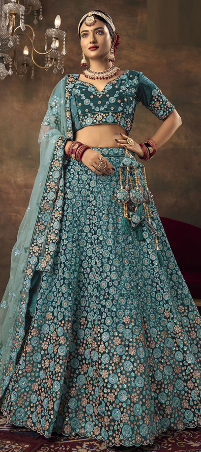 Buy Traditional Wear Turquoise Blue Thread Work Organza Lehenga Choli  Online From Surat Wholesale Shop.