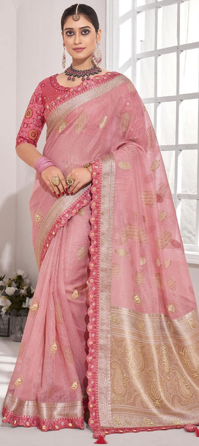 Buy Pink Crystal Embellished Pre-Stitched Saree With Blouse And Dupatta by  Designer ITRH Online at Ogaan.com