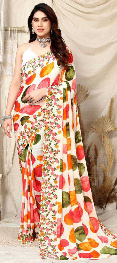 Orange White Floral Sari Fabric