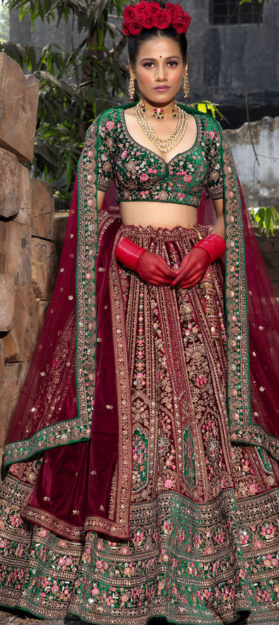 Maroon Bridal Lehenga Set With Traditional Prints