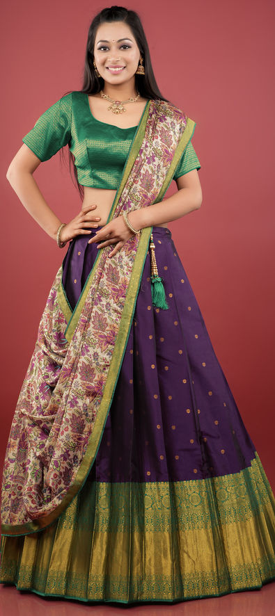 Olive Green or Purple Woven Banarasi Silk Wedding Lehenga with Blouse -  Gajiwala - 3861055