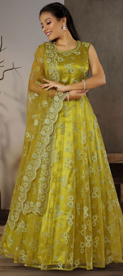Olive Green NET Fabric Foil Printed Gown Collection