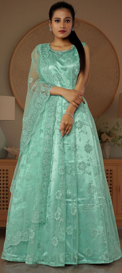 Turquoise Color Soft Net Material Gown With Resham And Dori Work