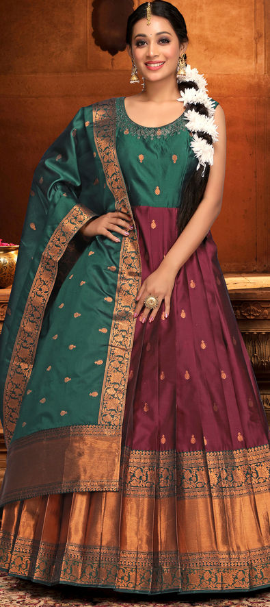 Maroon Color Party Wear Indo Western Readymade Gown In Art Silk Fabric With  Embroidery Work