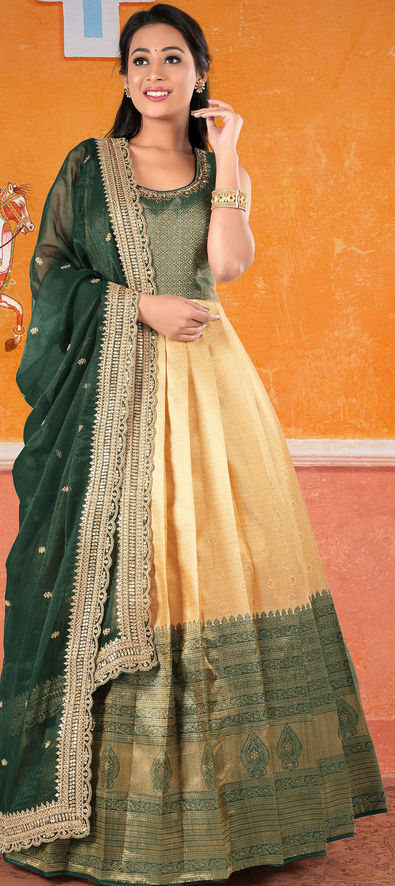 Festive, Party Wear Blue, Green color Banarasi Silk fabric Gown : 1918444