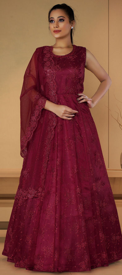 Buy Maroon Latest Designer Party Wear Net Gown Suit | Anarkali Suits