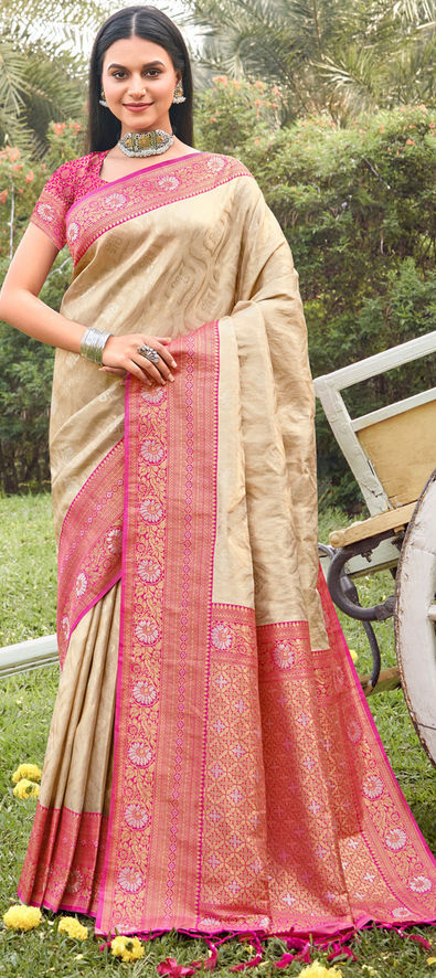 CM - Beige Colour Lichi Silk Saree