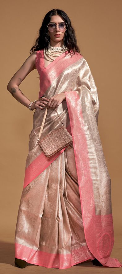 Shop Pink Kanjivaram Sari Online in USA with Green Blue Check