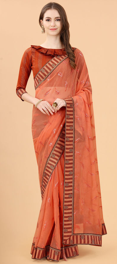 Beige With Orange And Pink Pedding Embroidery Party Wear Saree at 2999.00  INR in Surat | Nityaa Fashion