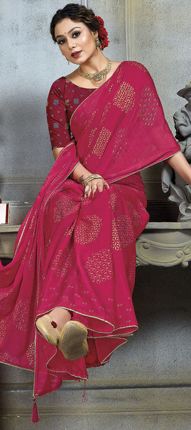 Buy Pink Threadwork Chiffon Saree - Koskii