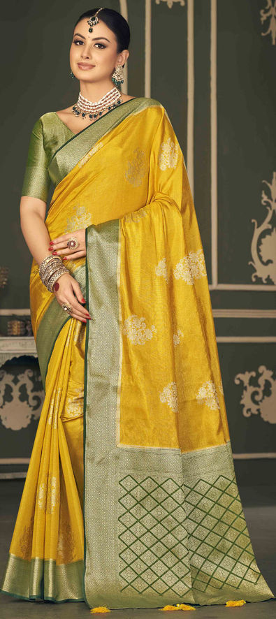 Yellow color tissue silk saree with zari weaving work