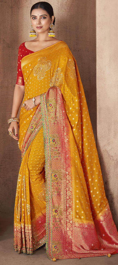 Red And Yellow Stone Work Designer Saree -