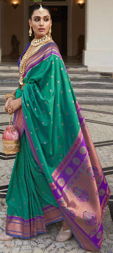 Silk Teal Green Wedding Wear Saree with Zari embroidery